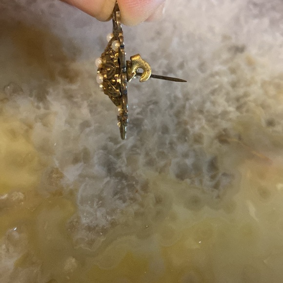 Vintage Dainty small pin brooch dark silver w milk glass beaded - Picture 7 of 12